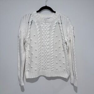 CUPCAKES AND CASHMERE White Cable Knit Bobble Fringe‎ Sweater M